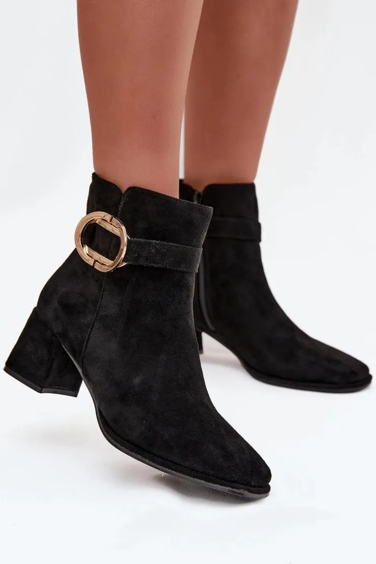 Boto Botki Na Słupku|Botki Zimowe Damskie*Botki Damskie Na Słupku Ze Złotą Klamrą Czarne Calissa