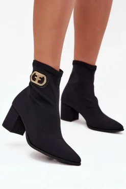 Damskie Zazoo Botki Damskie Na Słupku Ze Złotym Detalem 3128 Czarne