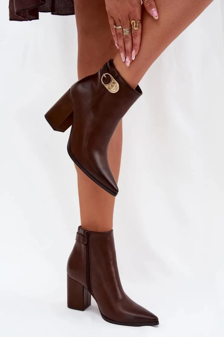 Boto Botki Ocieplane|Botki Na Słupku*Botki Damskie Na Słupku Ze Złotym Detalem Czekoladowe Tharina Brązowy