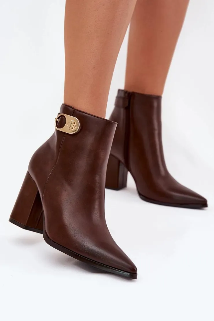 Boto Botki Ocieplane|Botki Na Słupku*Botki Damskie Na Słupku Ze Złotym Detalem Czekoladowe Tharina Brązowy