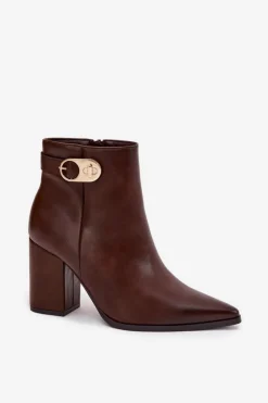 Boto Botki Ocieplane|Botki Na Słupku*Botki Damskie Na Słupku Ze Złotym Detalem Czekoladowe Tharina Brązowy