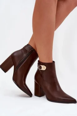 Boto Botki Ocieplane|Botki Na Słupku*Botki Damskie Na Słupku Ze Złotym Detalem Czekoladowe Tharina Brązowy
