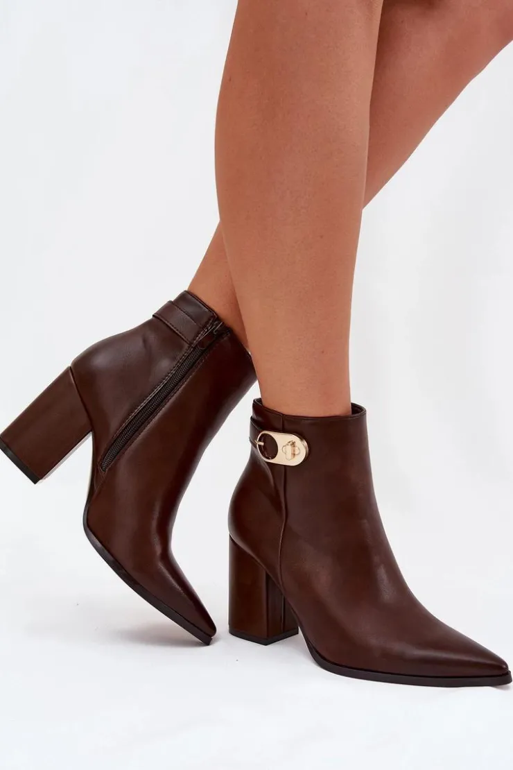 Boto Botki Ocieplane|Botki Na Słupku*Botki Damskie Na Słupku Ze Złotym Detalem Czekoladowe Tharina Brązowy