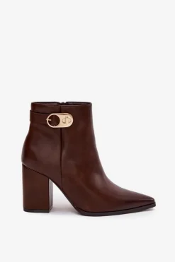 Boto Botki Ocieplane|Botki Na Słupku*Botki Damskie Na Słupku Ze Złotym Detalem Czekoladowe Tharina Brązowy