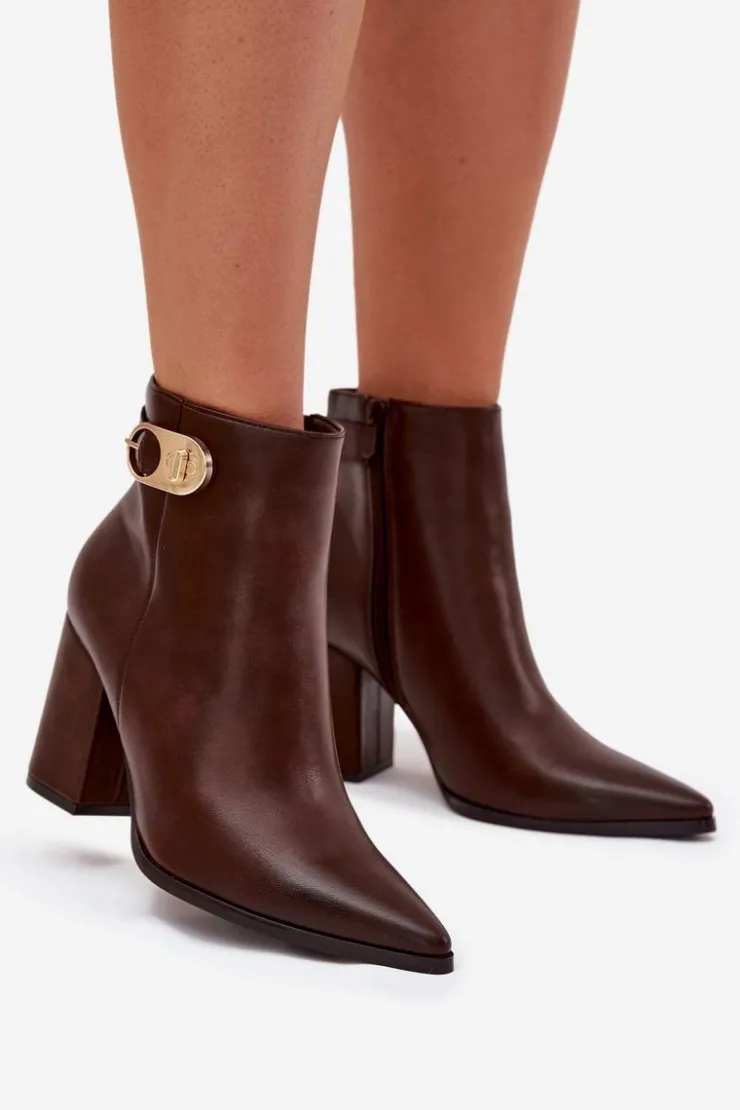 Boto Botki Ocieplane|Botki Na Słupku*Botki Damskie Na Słupku Ze Złotym Detalem Czekoladowe Tharina Brązowy