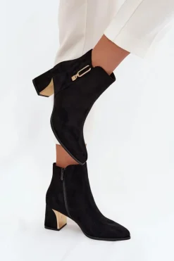 Clearance Boto Botki Damskie Na Słupku Ze Złotymi Detalami Czarne Kalivra Czarny