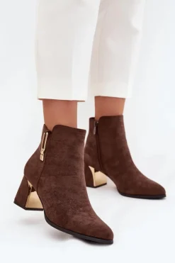 Best Boto Botki Damskie Na Słupku Ze Złotymi Detalami Brązowe Kalivra