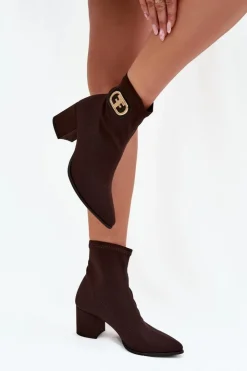 Zazoo Botki Na Słupku|Brązowe I Beżowe Botki*Botki Damskie Na Słupku Ze Złotym Detalem 3128 Czekoladowe Brązowy