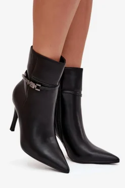 Damskie Boto Botki Damskie Na Szpilce Z Paskiem I Srebrnym Elementem Ocieplane Czarne Bellisse
