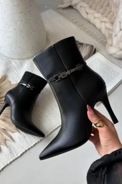 Damskie Boto Botki Damskie Na Szpilce Z Paskiem I Srebrnym Elementem Ocieplane Czarne Bellisse