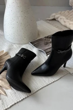 Damskie Boto Botki Damskie Na Szpilce Z Paskiem I Srebrnym Elementem Ocieplane Czarne Bellisse