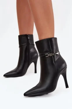 Damskie Boto Botki Damskie Na Szpilce Z Paskiem I Srebrnym Elementem Ocieplane Czarne Bellisse