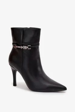 Damskie Boto Botki Damskie Na Szpilce Z Paskiem I Srebrnym Elementem Ocieplane Czarne Bellisse