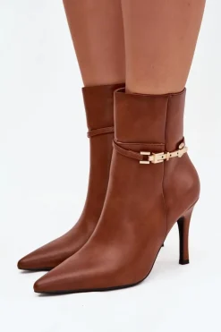 Boto Botki Ocieplane|Botki Na Obcasie*Botki Damskie Na Szpilce Z Paskiem I Złotym Elementem Ocieplane Camel Bellisse Brązowy