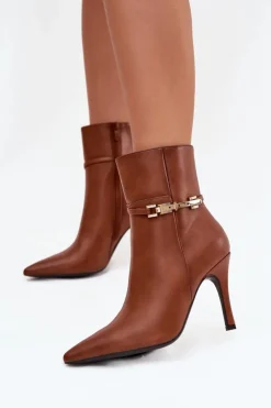 Boto Botki Ocieplane|Botki Na Obcasie*Botki Damskie Na Szpilce Z Paskiem I Złotym Elementem Ocieplane Camel Bellisse Brązowy