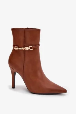 Boto Botki Ocieplane|Botki Na Obcasie*Botki Damskie Na Szpilce Z Paskiem I Złotym Elementem Ocieplane Camel Bellisse Brązowy