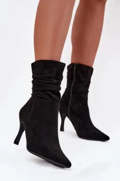 Boto Botki Na Obcasie*Botki Damskie Na Szpilce Z Marszczoną Cholewką Eko Zamszowe Zamek Czarne Ulisse Czarny