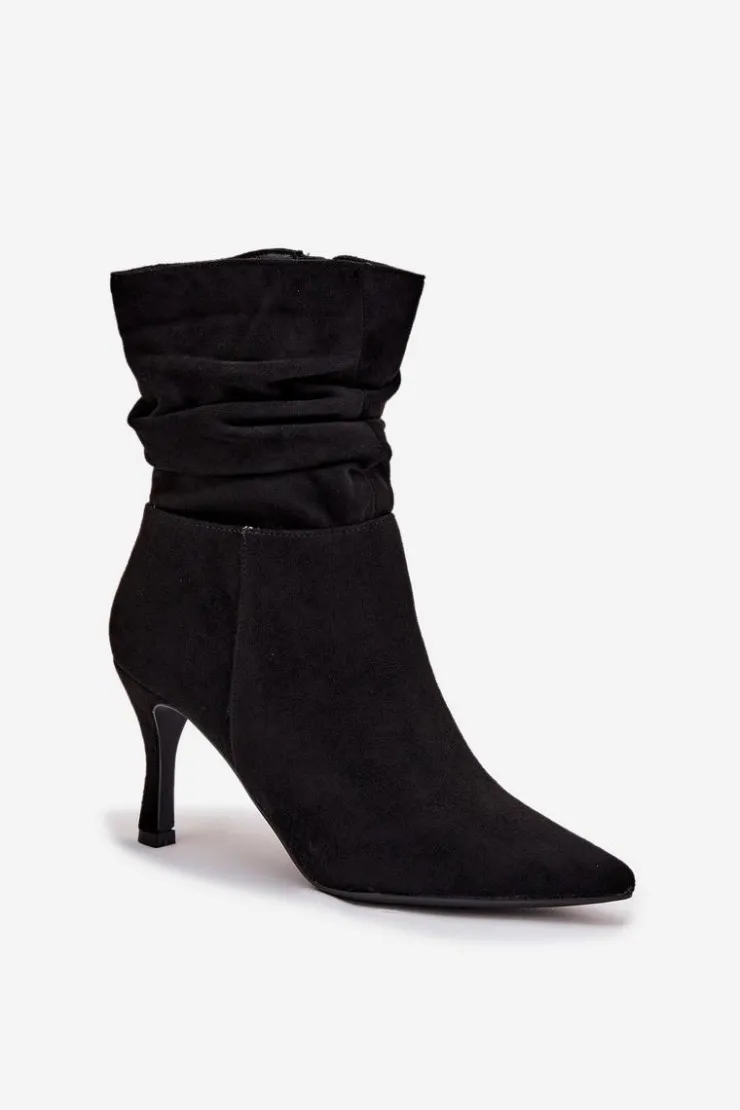 Boto Botki Na Obcasie*Botki Damskie Na Szpilce Z Marszczoną Cholewką Eko Zamszowe Zamek Czarne Ulisse Czarny