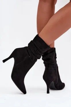 Boto Botki Na Obcasie*Botki Damskie Na Szpilce Z Marszczoną Cholewką Eko Zamszowe Zamek Czarne Ulisse Czarny
