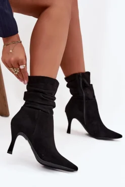 Boto Botki Na Obcasie*Botki Damskie Na Szpilce Z Marszczoną Cholewką Eko Zamszowe Zamek Czarne Ulisse Czarny