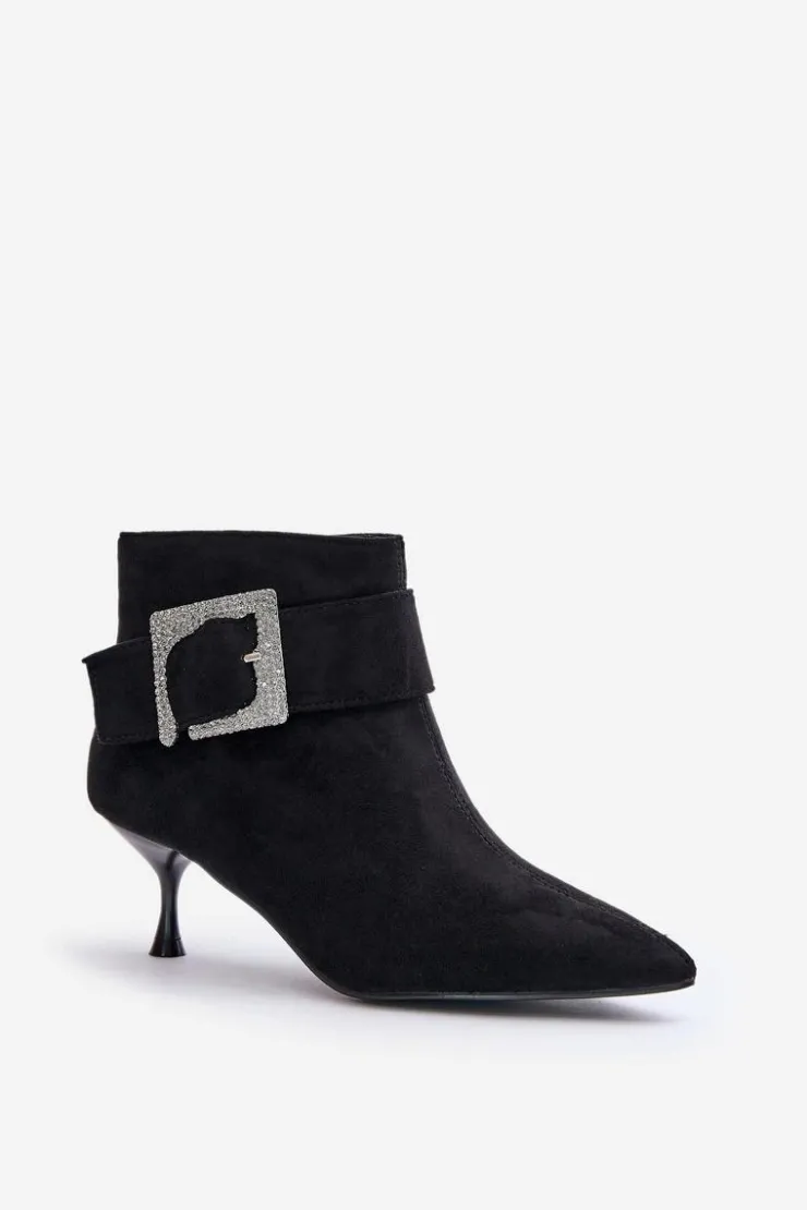 Boto Botki Na Obcasie|Botki Zamszowe*Botki Damskie Na Szpilce Z Ozdobną Klamrą Czarne Nirilis Czarny