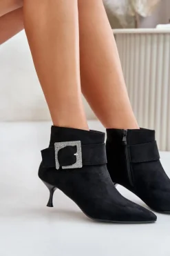 Boto Botki Na Obcasie|Botki Zamszowe*Botki Damskie Na Szpilce Z Ozdobną Klamrą Czarne Nirilis Czarny