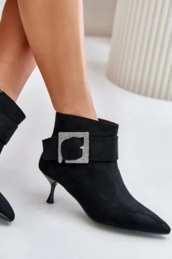Boto Botki Na Obcasie|Botki Zamszowe*Botki Damskie Na Szpilce Z Ozdobną Klamrą Czarne Nirilis Czarny