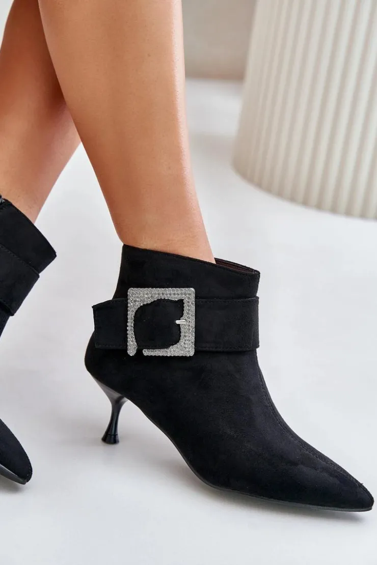 Boto Botki Na Obcasie|Botki Zamszowe*Botki Damskie Na Szpilce Z Ozdobną Klamrą Czarne Nirilis Czarny