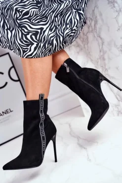 Sale GOE Botki Damskie Na Szpilce Zamszowe Czarne GG2N3005