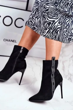 Sale GOE Botki Damskie Na Szpilce Zamszowe Czarne GG2N3005