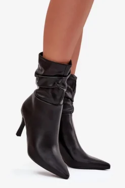Hot Boto Botki Damskie Na Szpilce Z Marszczoną Cholewką Zamek Czarne Ulisse