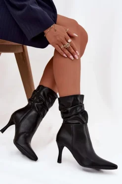 Hot Boto Botki Damskie Na Szpilce Z Marszczoną Cholewką Zamek Czarne Ulisse
