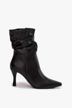 Hot Boto Botki Damskie Na Szpilce Z Marszczoną Cholewką Zamek Czarne Ulisse