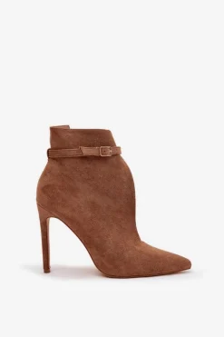 Boto Botki Na Obcasie|Botki Zamszowe*Botki Damskie Na Szpilce Z Eko Zamszu Ciemnobeżowe Amalundi Beżowy