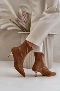 Boto Botki Damskie Na Szpilce Eko Zamszowe Z Noskami W Szpic Camel Irithare