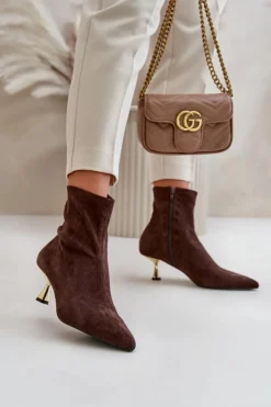 New Boto Botki Damskie Na Szpilce Eko Zamszowe Z Noskami W Szpic Brązowe Irithare