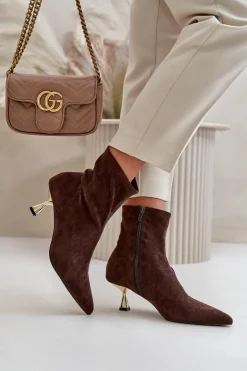 New Boto Botki Damskie Na Szpilce Eko Zamszowe Z Noskami W Szpic Brązowe Irithare