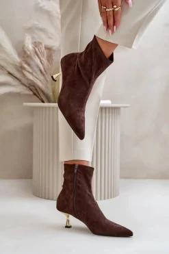 New Boto Botki Damskie Na Szpilce Eko Zamszowe Z Noskami W Szpic Brązowe Irithare