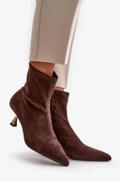 New Boto Botki Damskie Na Szpilce Eko Zamszowe Z Noskami W Szpic Brązowe Irithare