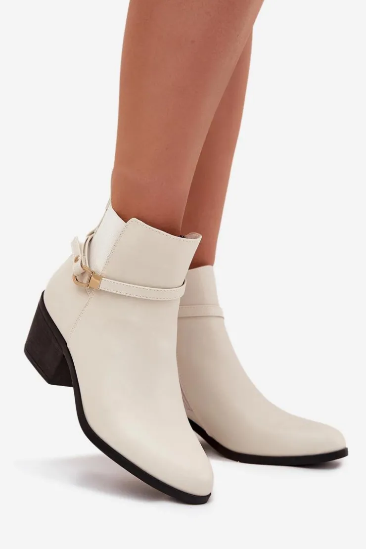 Boto Botki Na Słupku|Czarne Botki*Botki Damskie Na Zamek Z Paseczkiem I Złotym Detalem Jasnobeżowe Zelinae