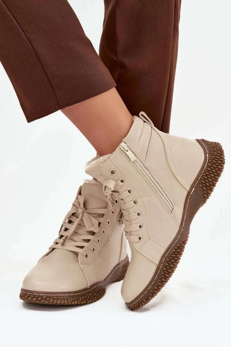 Damskie Evento Botki Damskie Ocieplane Futerkiem Z Eko Skóry Beżowe Ulverina