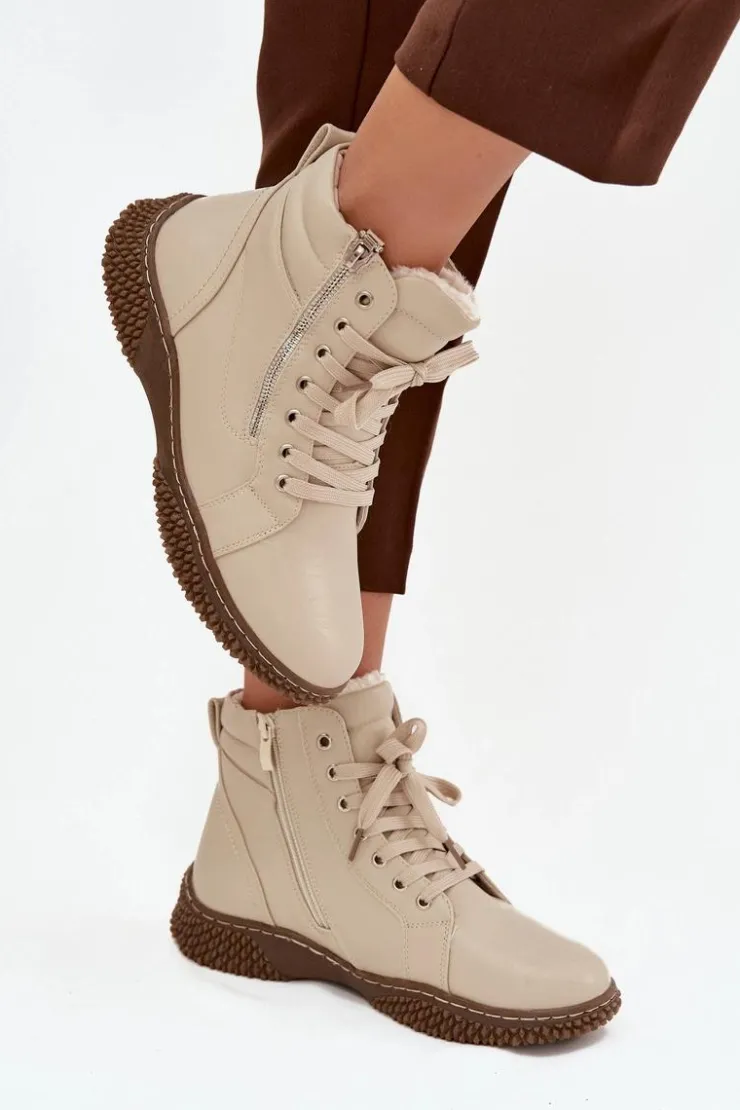 Damskie Evento Botki Damskie Ocieplane Futerkiem Z Eko Skóry Beżowe Ulverina