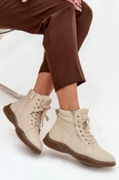 Damskie Evento Botki Damskie Ocieplane Futerkiem Z Eko Skóry Beżowe Ulverina