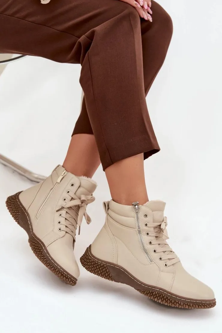 Damskie Evento Botki Damskie Ocieplane Futerkiem Z Eko Skóry Beżowe Ulverina