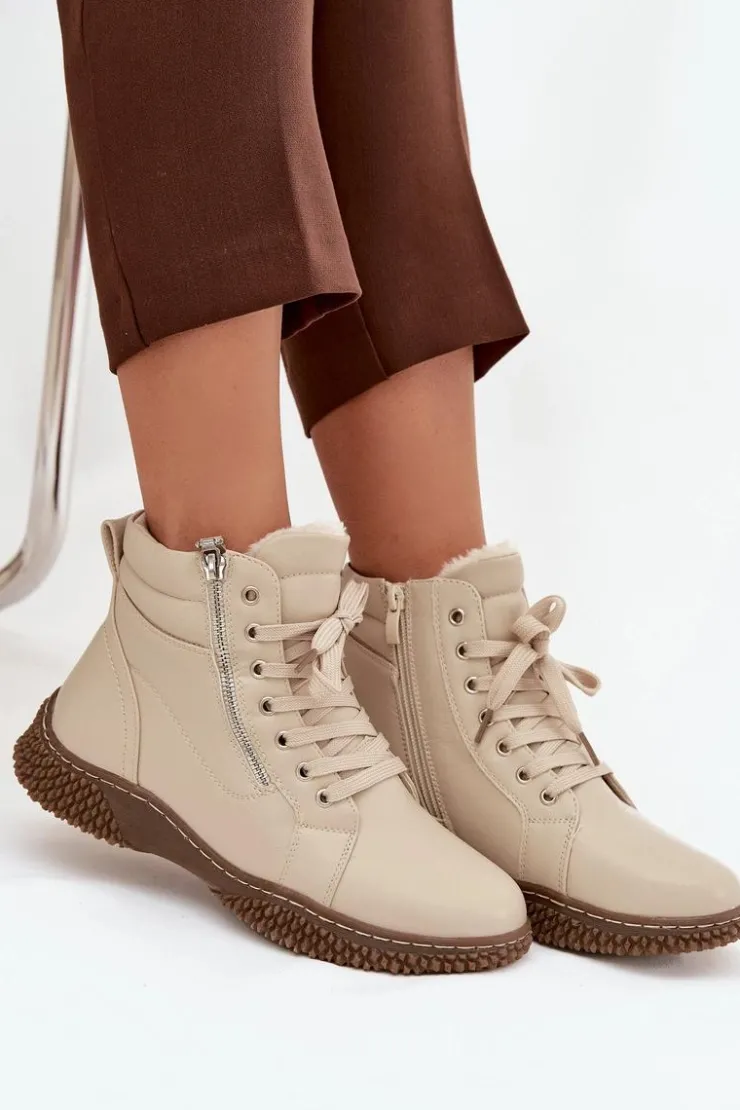 Damskie Evento Botki Damskie Ocieplane Futerkiem Z Eko Skóry Beżowe Ulverina