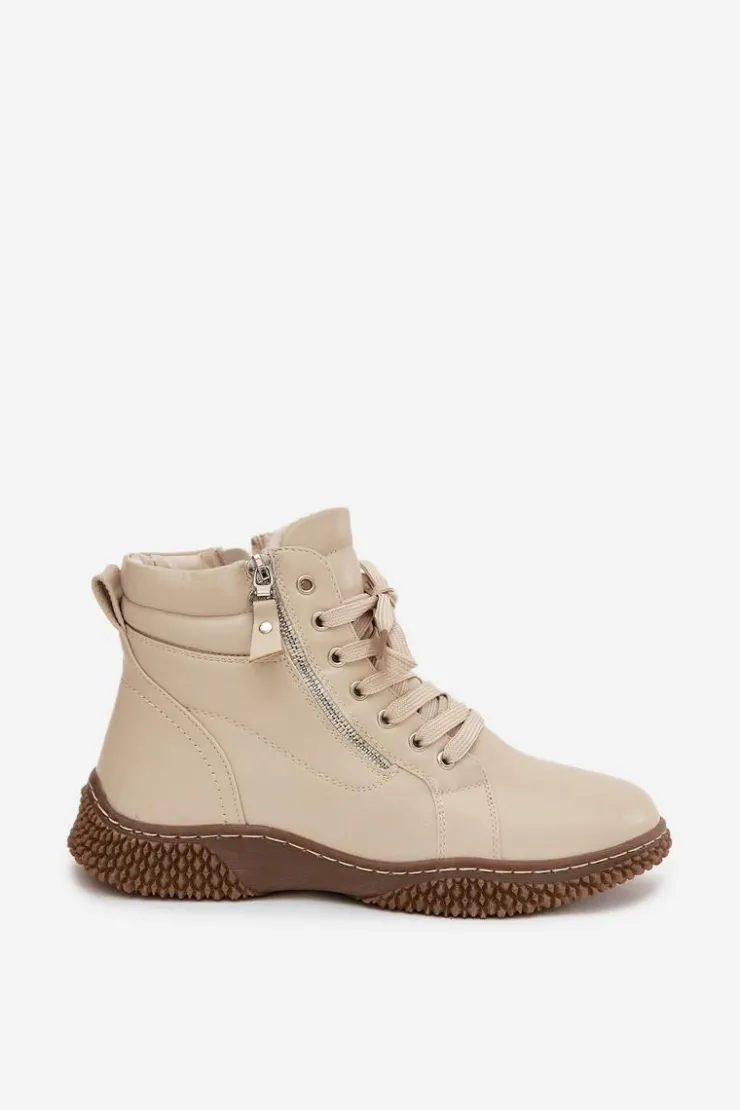 Damskie Evento Botki Damskie Ocieplane Futerkiem Z Eko Skóry Beżowe Ulverina