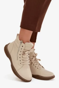 Damskie Evento Botki Damskie Ocieplane Futerkiem Z Eko Skóry Beżowe Ulverina