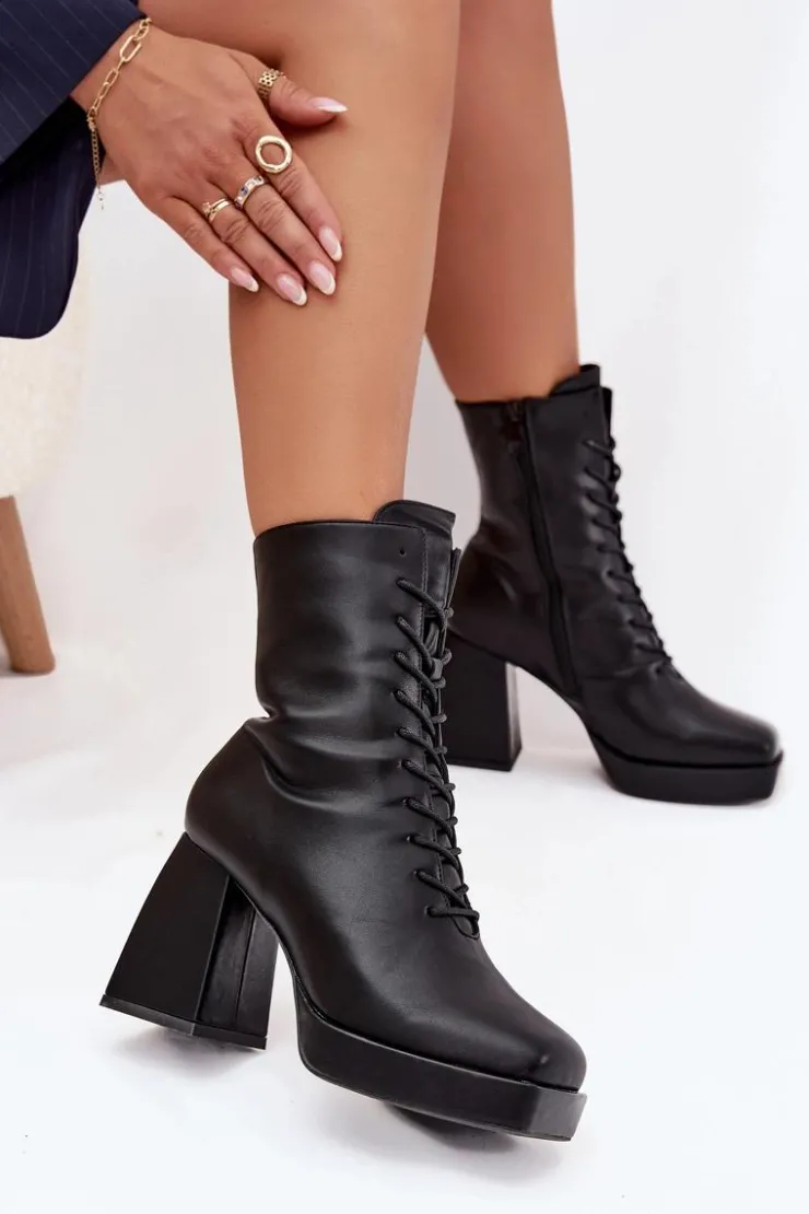 Boto Botki Ocieplane|Botki Na Słupku*Botki Damskie Ocieplane Na Słupku Ze Sznurowaniem Czarne Juvina Czarny