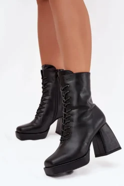 Boto Botki Ocieplane|Botki Na Słupku*Botki Damskie Ocieplane Na Słupku Ze Sznurowaniem Czarne Juvina Czarny