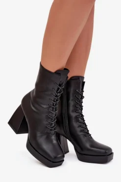 Boto Botki Ocieplane|Botki Na Słupku*Botki Damskie Ocieplane Na Słupku Ze Sznurowaniem Czarne Juvina Czarny